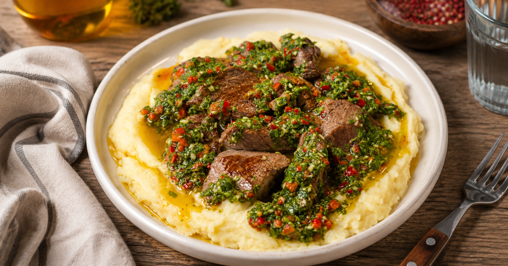 Chimichurri (Arjantin Usulü Yeşil Ot Sosu) ile Dana Lokmaları ve Tereyağlı Patates Püresi | Restoran Kalitesinde Ana Yemek